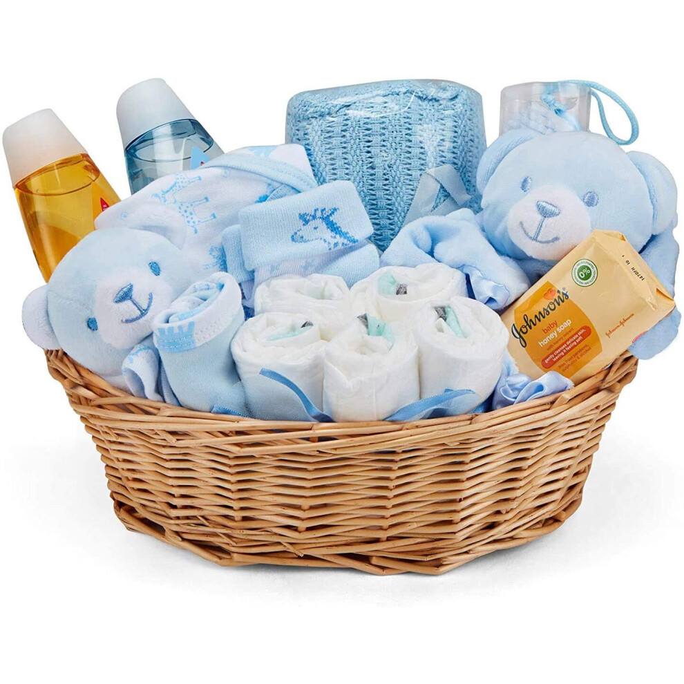 Baby Boy Gift Basket Hamper - with Baby Clothes, Newborn Essentials, Baby Blanket, Blue Comforter and Soft Toy Rattle