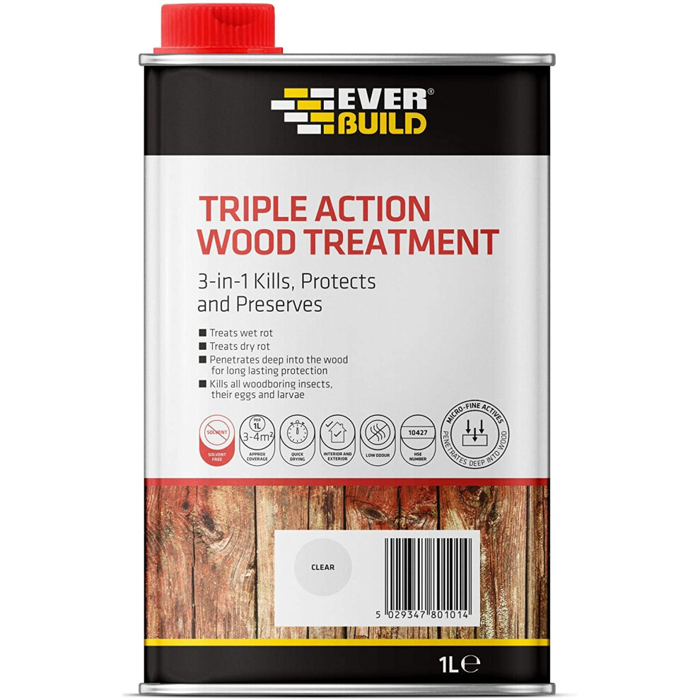 Everbuild Triple Action (Kills, Protects and Preserves) Wood Treatment, Clear, 1 Litre