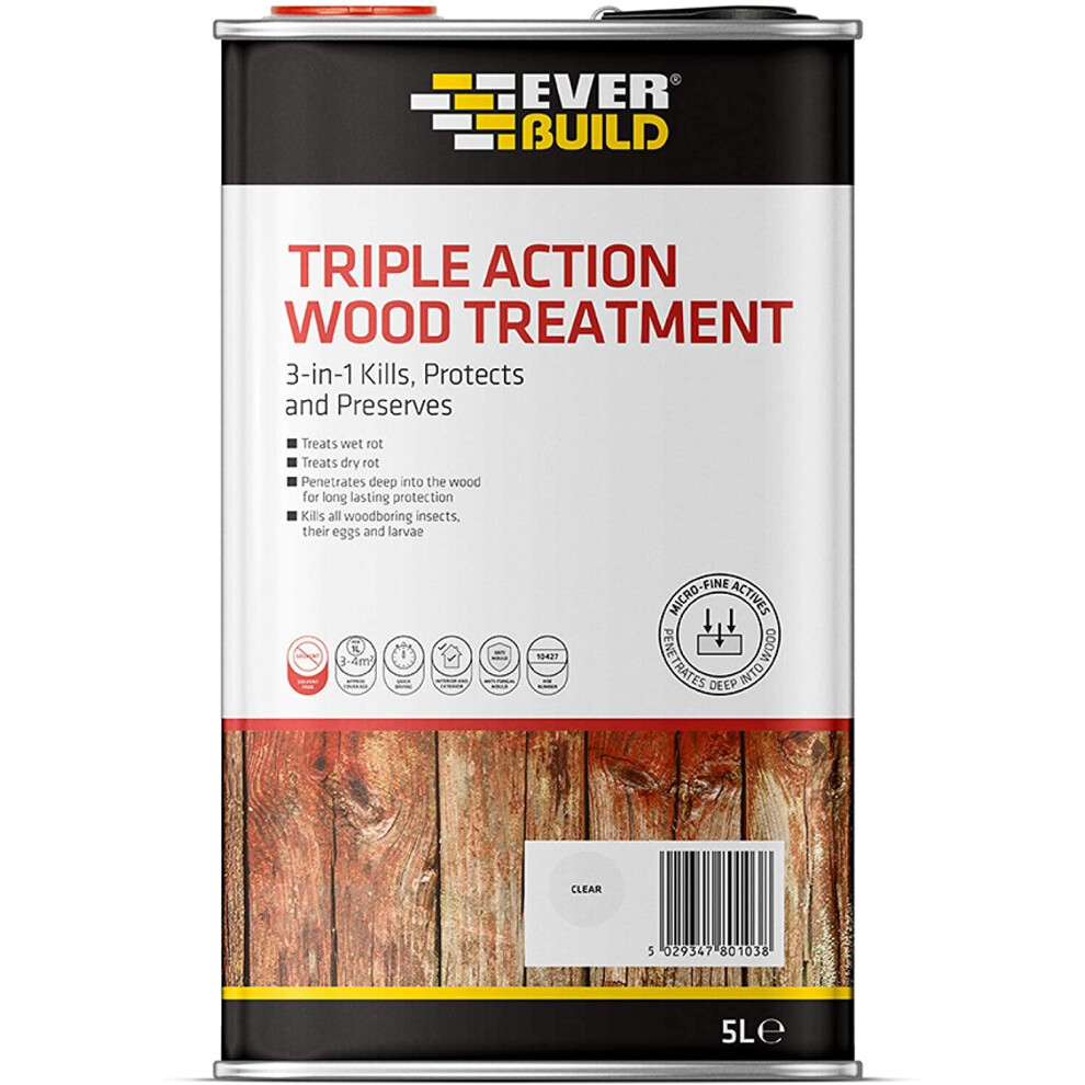 Everbuild Triple Action (Kills, Protects and Preserves) Wood Treatment, Clear, 5 Litre