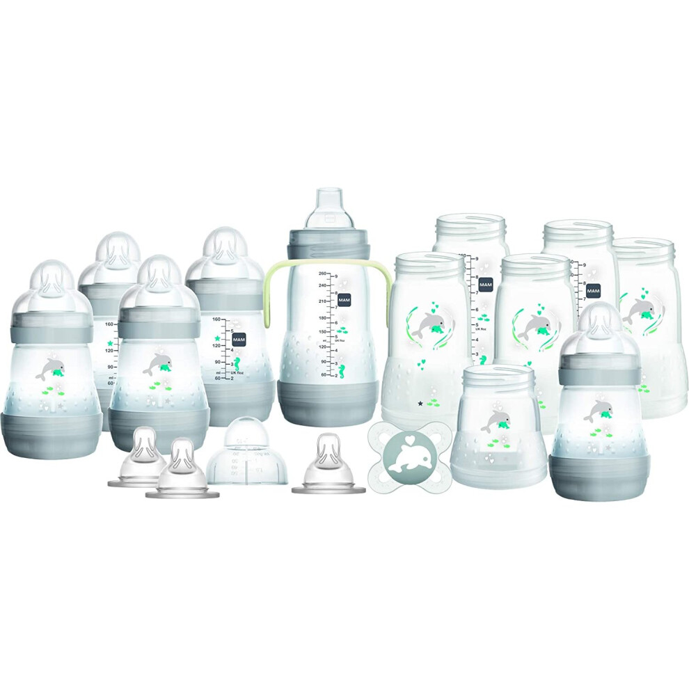 MAM Easy Start Self Sterilising Anti Colic Starter Set, Newborn Bottle Set and Soother, Newborn Essentials, Grey, Large (Designs May Vary)
