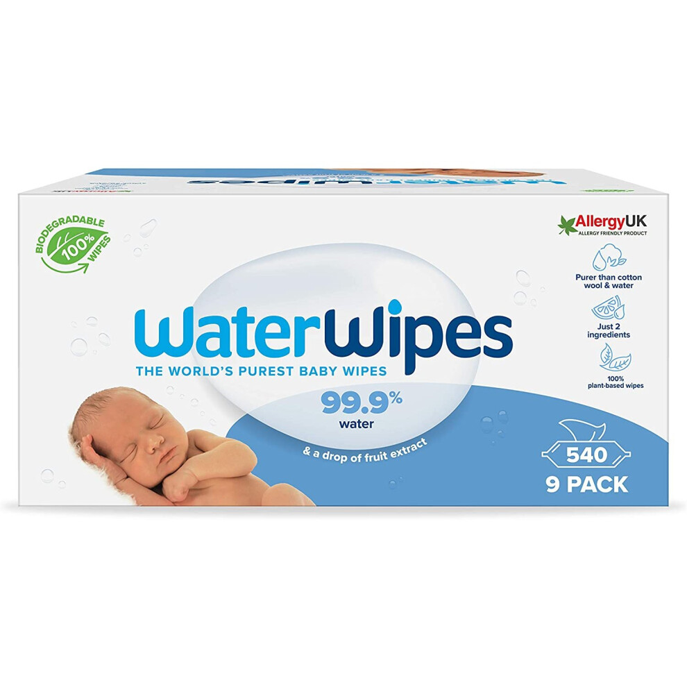 WaterWipes Baby Wipes Sensitive Newborn Biodegradable Unscented, 99.9% Water, 540 Wet Wipes (9 Packs Of 60 Wipes)