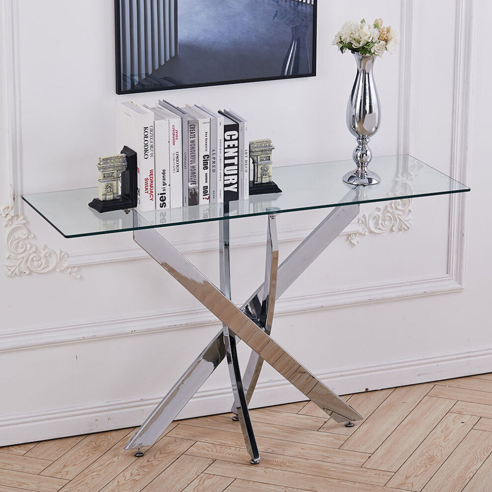 120x40CM Rectangle Tempered Glass Top Side Table with Chrome Legs