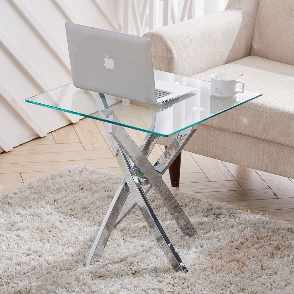 Square Glass Side End Table Small Coffee Table Lamp Stand Chrome Leg Furniture