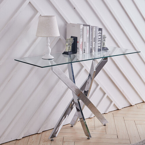 Living And Home 120x40CM Rectangle Tempered Glass Top Side Table with Chrome Legs 1