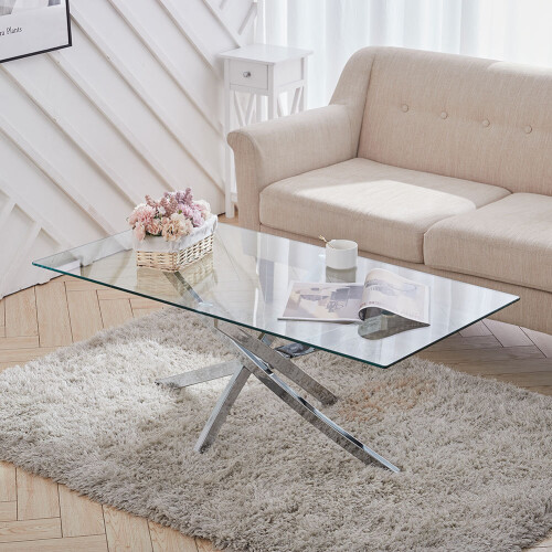 Rectangle Clear Glass Coffee Table with Cross Chrome Leg Living Room Furniture on OnBuy