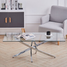 Rectangle Clear Glass Coffee Table with Cross Chrome Leg Living Room Furniture