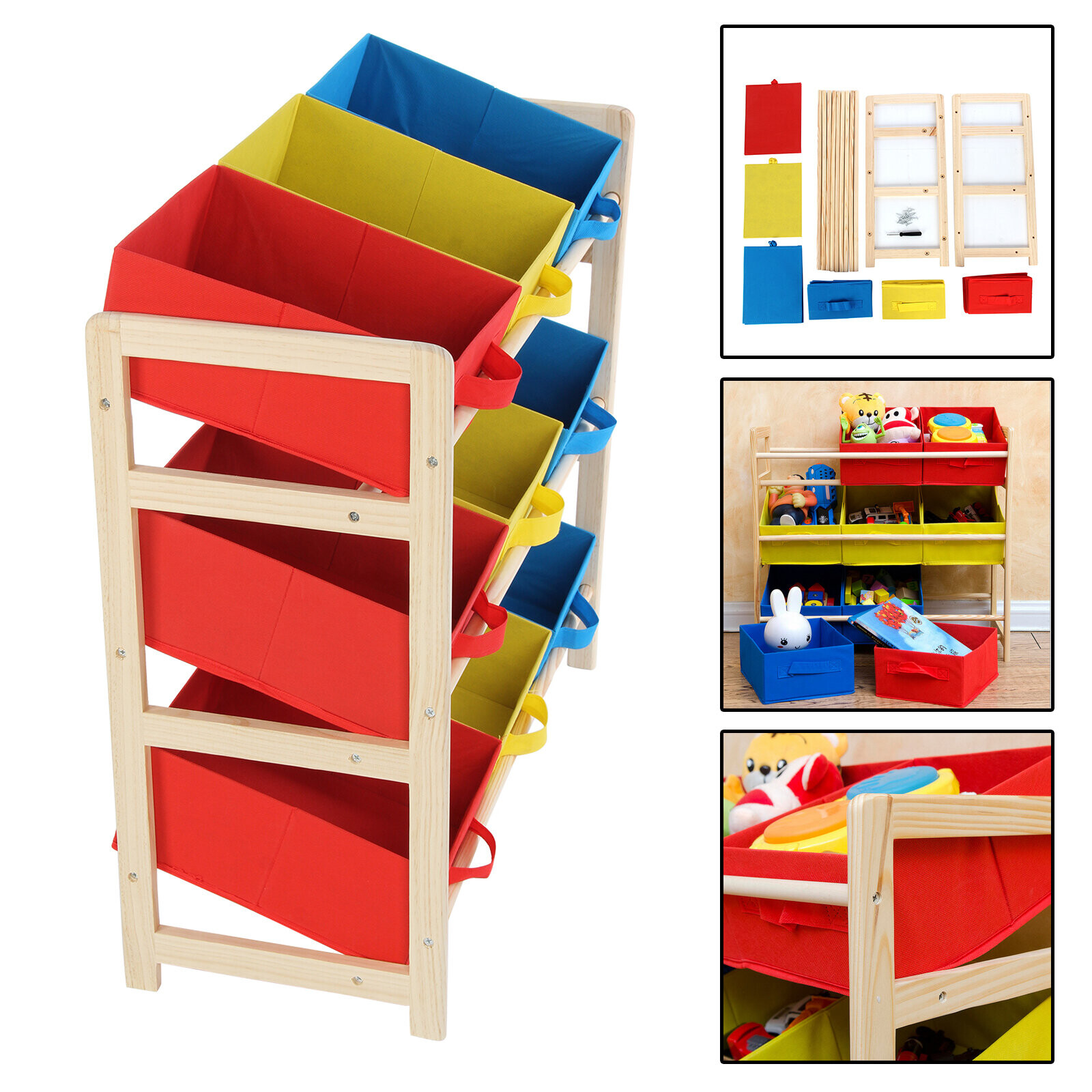 Childrens Kids 3 Tier Toy Bedroom Storage Shelf Unit & 9 Canvas Boxes