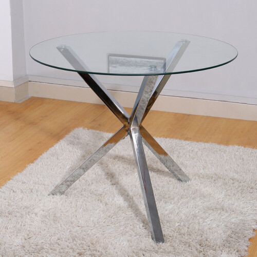 Living And Home Contemporary Chrome Base Round Tempered Glass Coffee Table Dining Table Dia 90cm 1
