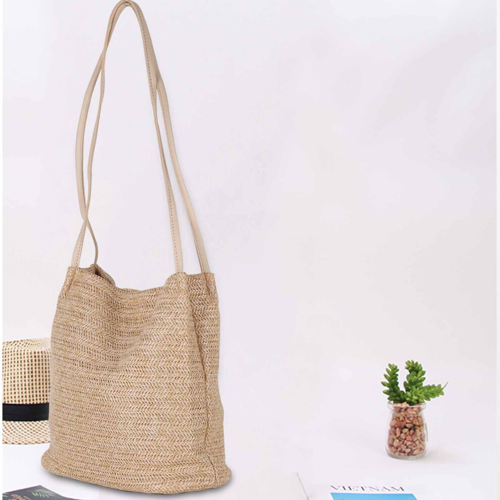 (Beige) Straw Shoulder Bag Rattan Wicker Handbag Crossbody 