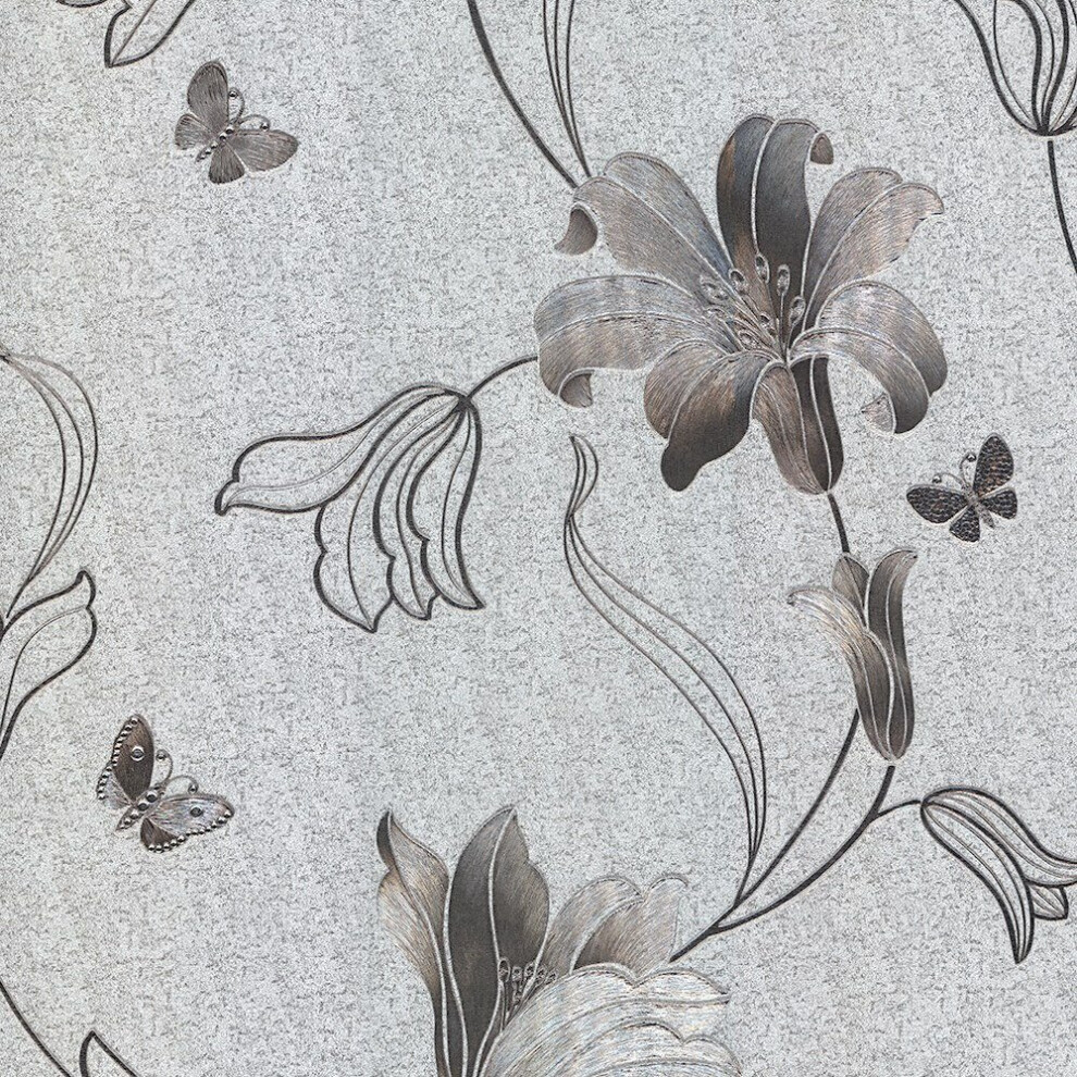 Muriva Amelia Floral Silver Gun Metal Wallpaper 701414