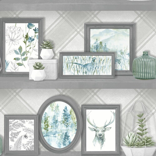 Holden Decor Whitcliffe Stag Frames Grey Teal Wallpaper 90730