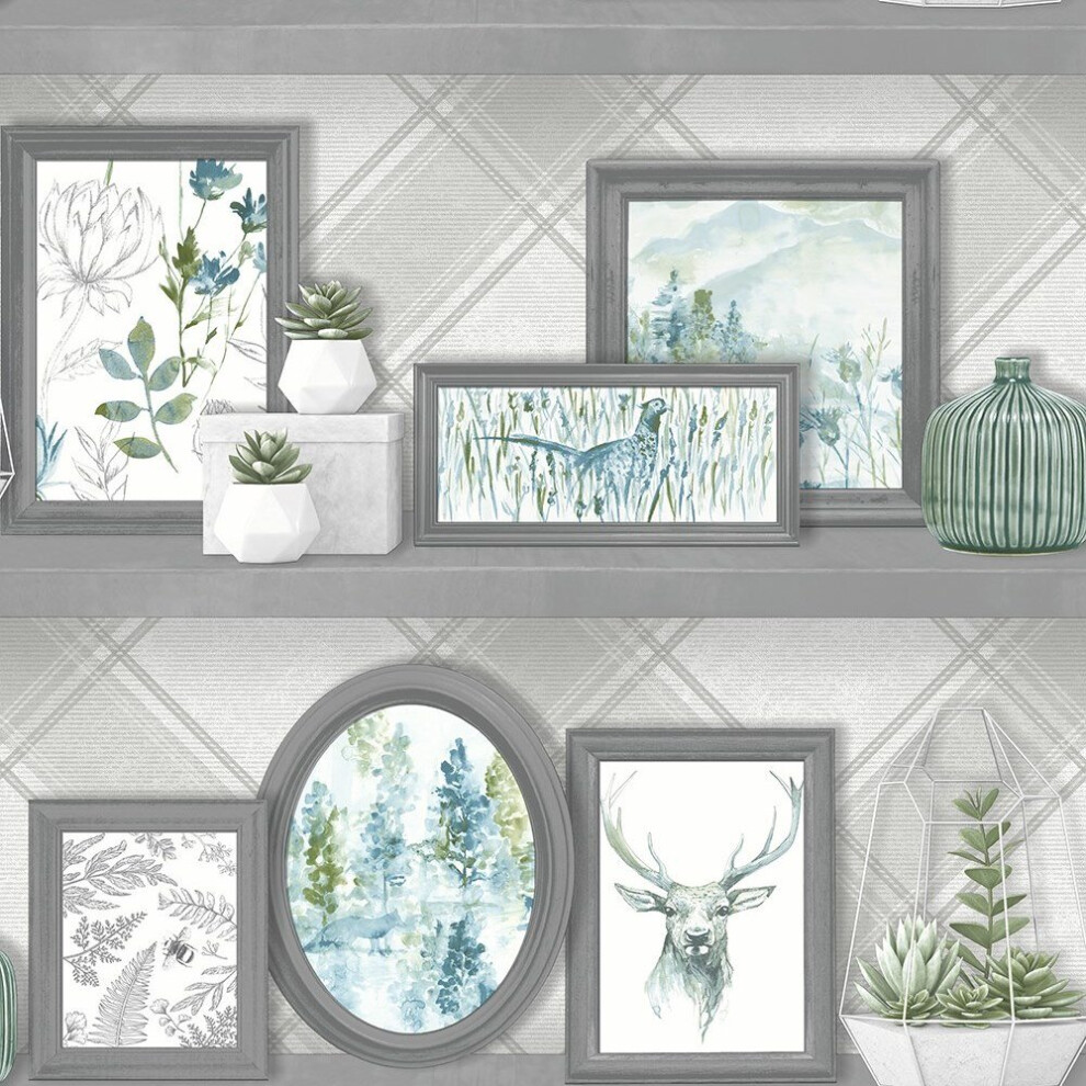 Holden Decor Whitcliffe Stag Frames Grey Teal Wallpaper 90730 5022976907300