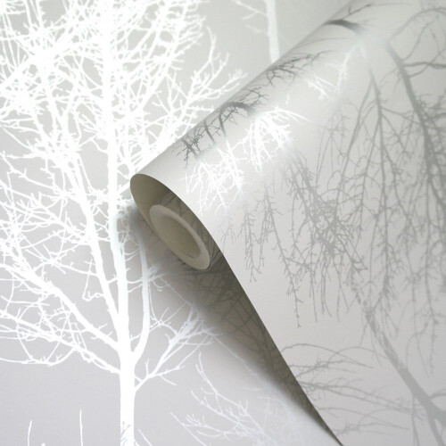 Holden Decor Rhea Zandra Trees Grey Silver Effect Wallpaper 90760 2