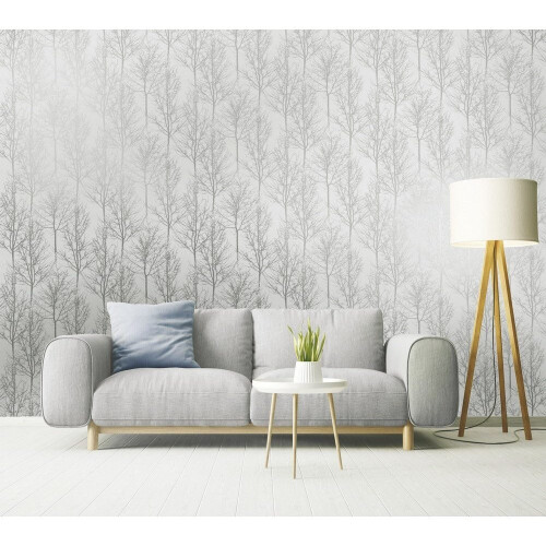 Holden Decor Rhea Zandra Trees Grey Silver Effect Wallpaper 90760 1