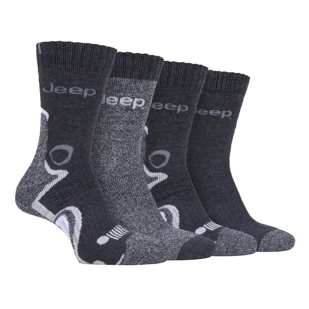 (6-11, Navy / Grey) JEEP - 4 Pairs Mens Anti Blister Thick Cushioned Luxury Boot Socks