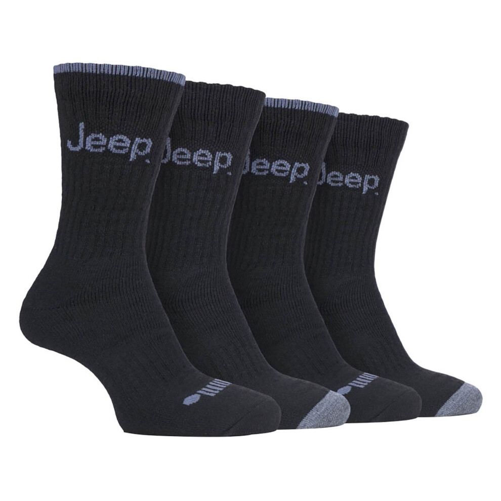 (6-11, Black / Charcoal) JEEP - 4 Pairs Mens Anti Blister Thick Cushioned Luxury Boot Socks