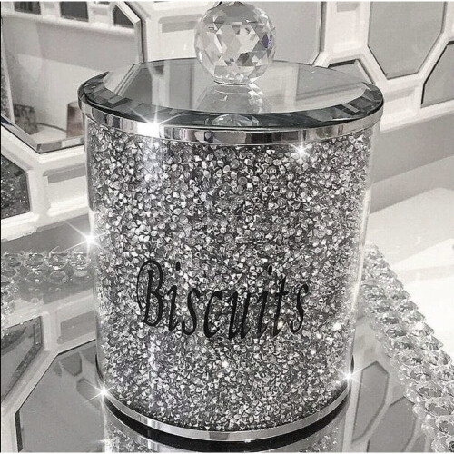 BISCUIT JAR TIN CRYSTAL GLASS KITCHEN DIAMOND SPARKLY SILVER CRUSHED on ...