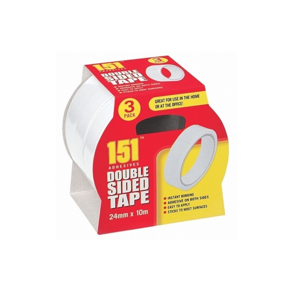 (1) 3PK DOUBLE SIDED ADHESIVE STICKY TAPE EXTRA STRONG BONDING 24mm x 10m