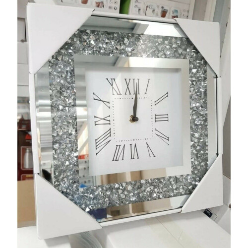 MIRROR CRUSHED DIAMOND SILVER CRYSTAL FILLED SPARKLY 30X30 WALL CLOCK