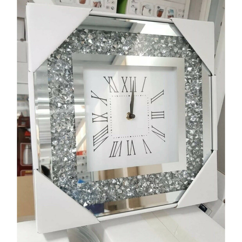 Sparkle Palace Mirror Crushed Diamond Crystal Filled Sparkly 30X30 Wall Clock Silver