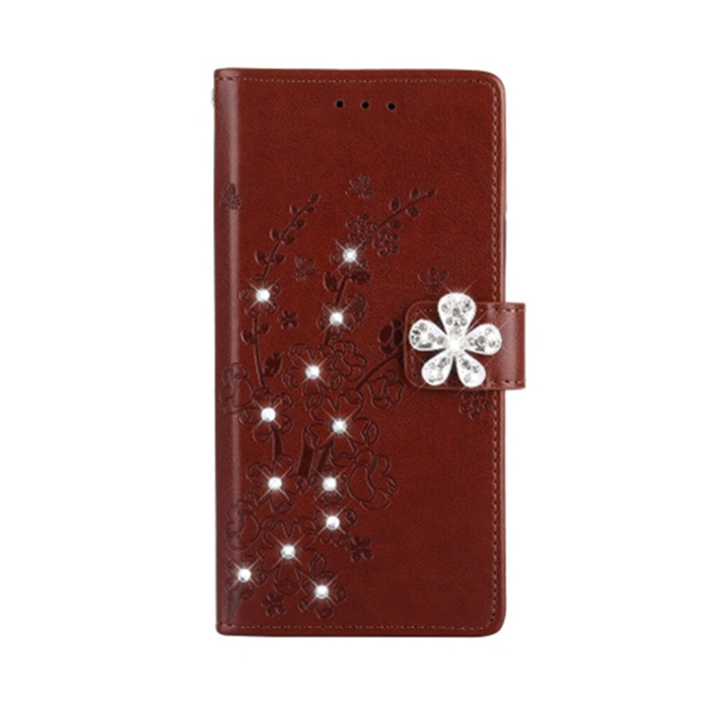 Plum Blossom Pattern Diamond Encrusted Leather Case for Galaxy J4+  ,with Holder & Card Slots(Plum brown)-image-OPC-P6Z9Y2C-NEW