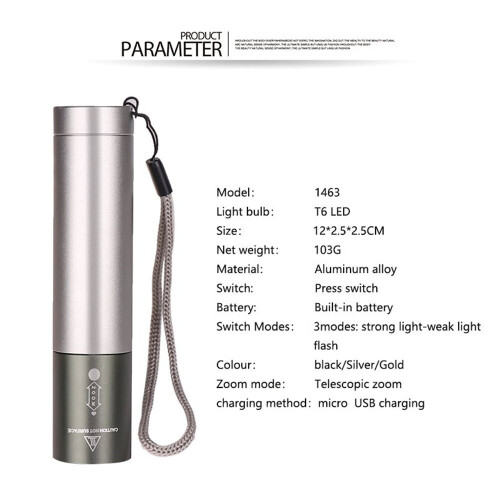 3 Modes Adjustable LED T6 USB Rechargeable Flashlight for Outdoor black_Model 1463-T6 2