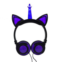 Cute Kids Cat Ear Headphones Wired Adjustable for Boys Girls Tablet Kids Headband Earphone Foldable Over On Ear Game Headset Black purple