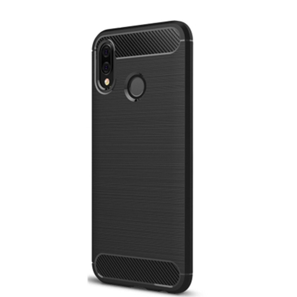 2Pcs For Huawei P20 Lite Brushed Texture Carbon Fiber Shockproof Tpu Protective Back Case (Black) Black 700000635232
