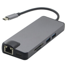 8 Port USB C Hub HDMI VGA Ethernet Lan RJ45 Adapter for Mac Book Pro Type C Hub Card Reader 2 USB 3.0 gray