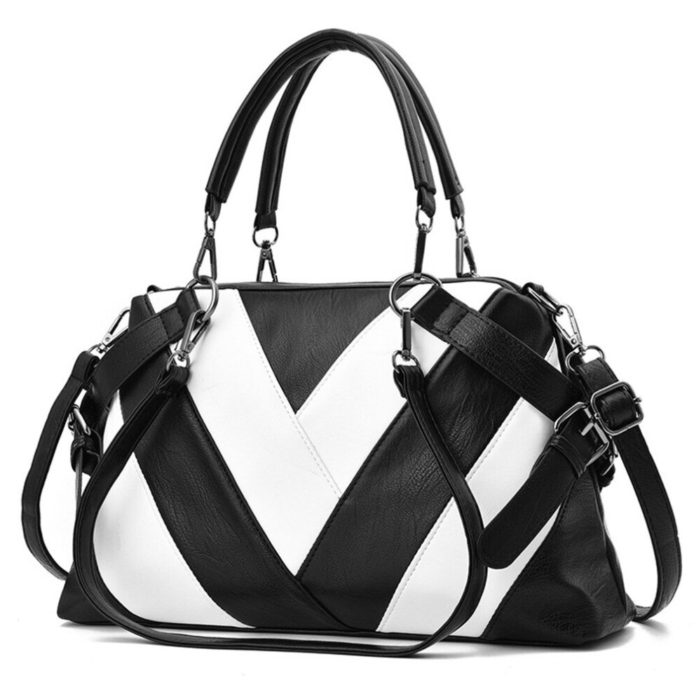 Women Handbags Black and white v-type Pu Leather Totes  Bag Top-handle patchwork striped  Bag Shoulder Bag Lady  Hand Bags