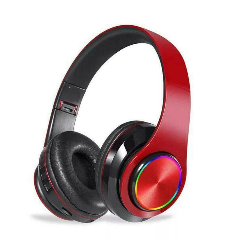 Wireless Luminous Headphones Bluetooth V5.0 Earphones Over-Ear Stereo Super Bass Headset with Microphone red