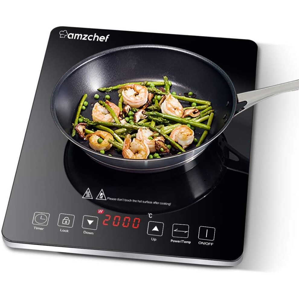 Amzchef Single Induction Cooker, Ultra-thin Induction Hob with Fashion Look,10-level Power and Temperature Control, Black Polished Crystal Glass Panel