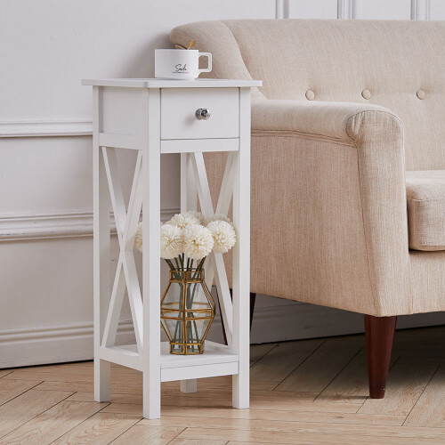 Living And Home Wooden Bedside Table Slim Tall Console Table with Drawer White