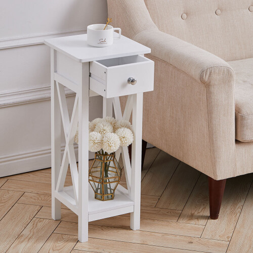Living And Home Wooden Bedside Table Slim Tall Console Table with Drawer White 2