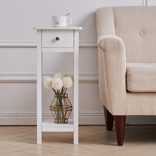 Living And Home Wooden Bedside Table Slim Tall Console Table with Drawer White 1