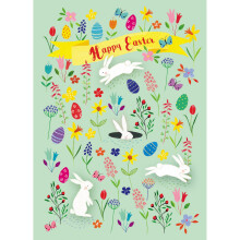Happy Easter Jumping Bunny In A Meadow Traditional Greeting Card With Glitter