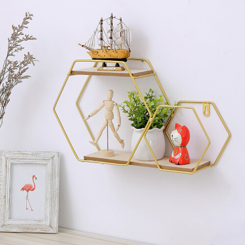 Living And Home Hexagon Gold Metal Wall Mounted Storage Shelf Display Rack 1