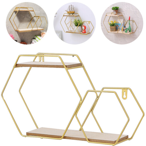 Living And Home Hexagon Gold Metal Wall Mounted Storage Shelf Display Rack 2