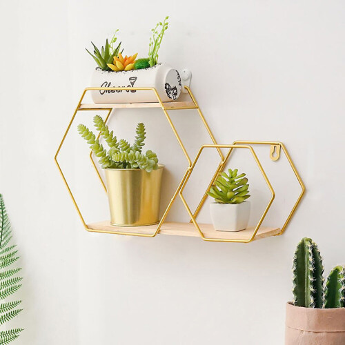 Living And Home Hexagon Gold Metal Wall Mounted Storage Shelf Display Rack