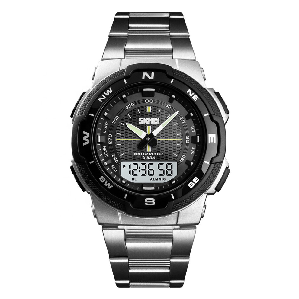 (Silver) Skmei Large Display Silver Dual Time Digital And Analogue Watch Stopwatch Alarm Light Metal Strap