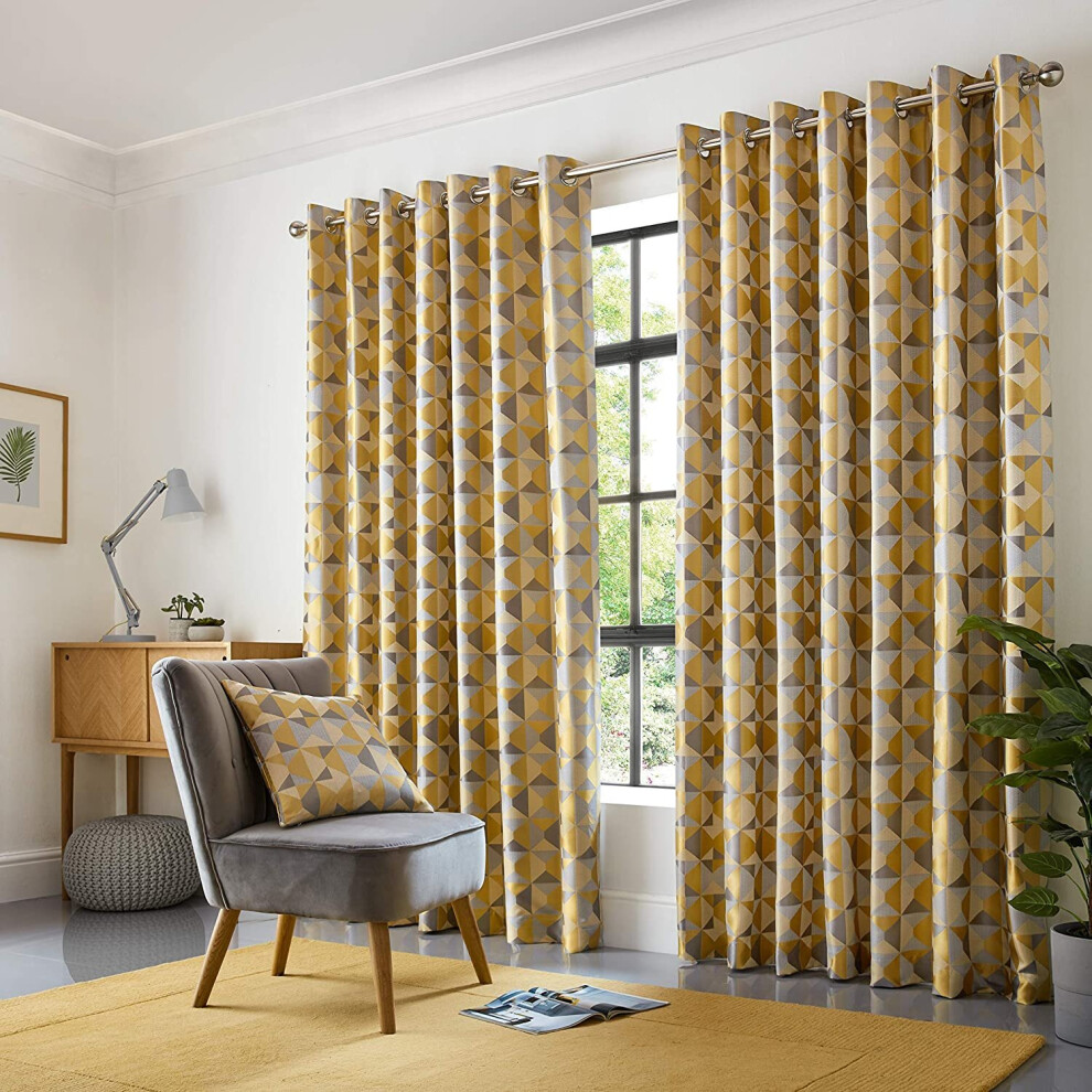 Skandi Eyelet Ring Top Curtains Fully Lined Weave Jacquard Ochre 90x90"-image-OPC-P6ZGSM8-NEW
