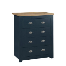 Birlea Highgate Navy Blue & Oak 4-Drawer Chest - Farmhouse Style, Satin Silver Handles | 94x79x40 cm | Product Code 5.05621E+12