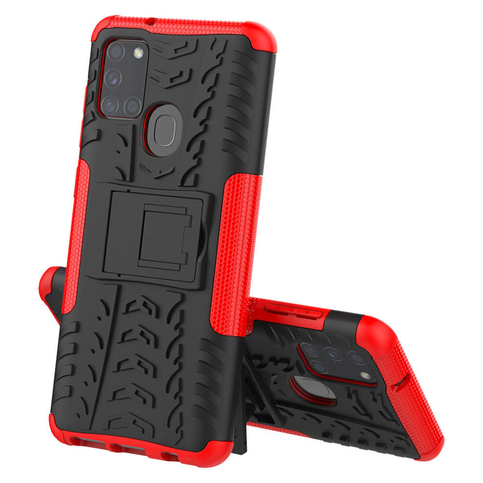 (Red) Slim Armour Shockproof Case Cover Stand + LCD Guard for Samsung Galaxy A21s