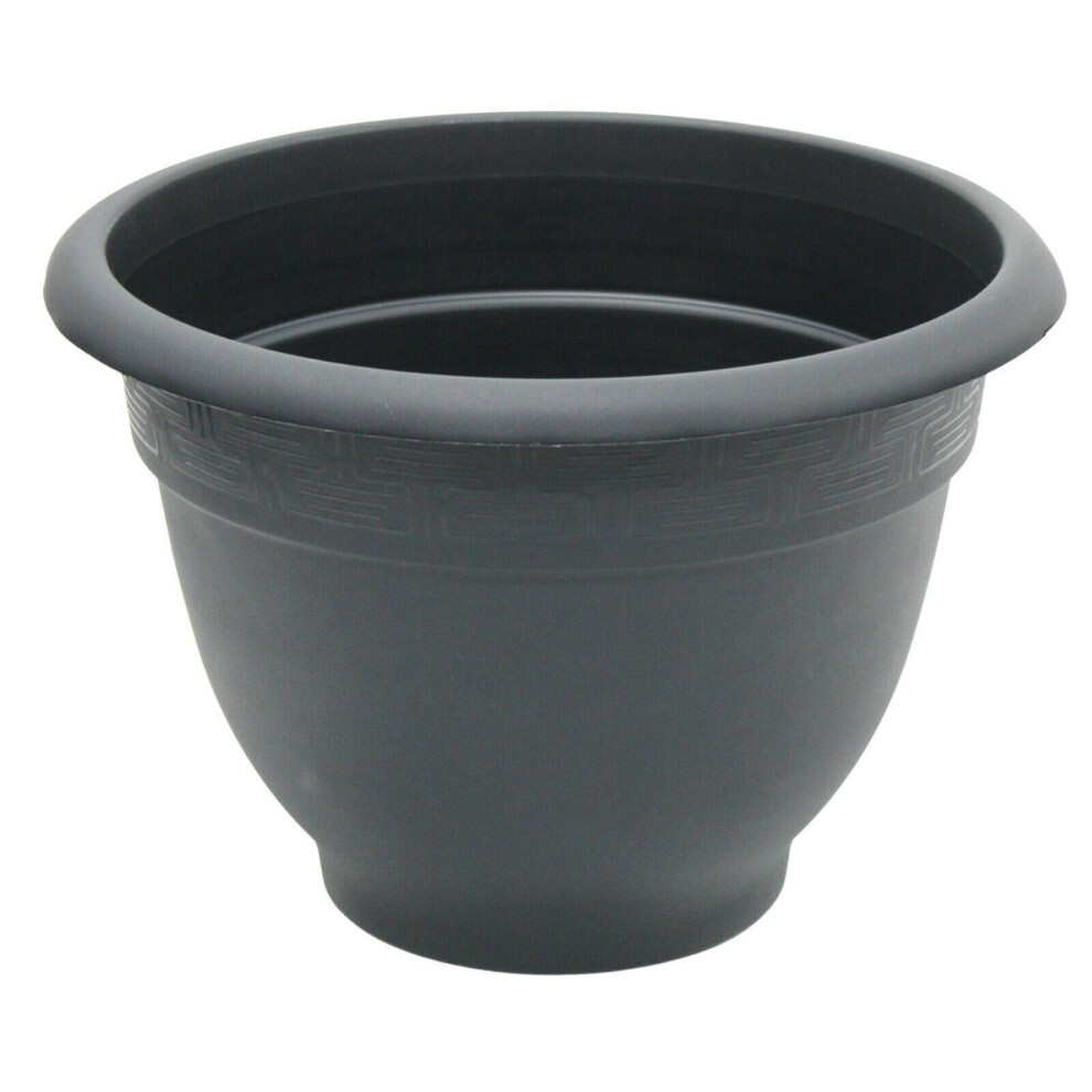 (1) Large 44cm Round Black Barrel Planter Plastic Plant Pot With Design Round Rim