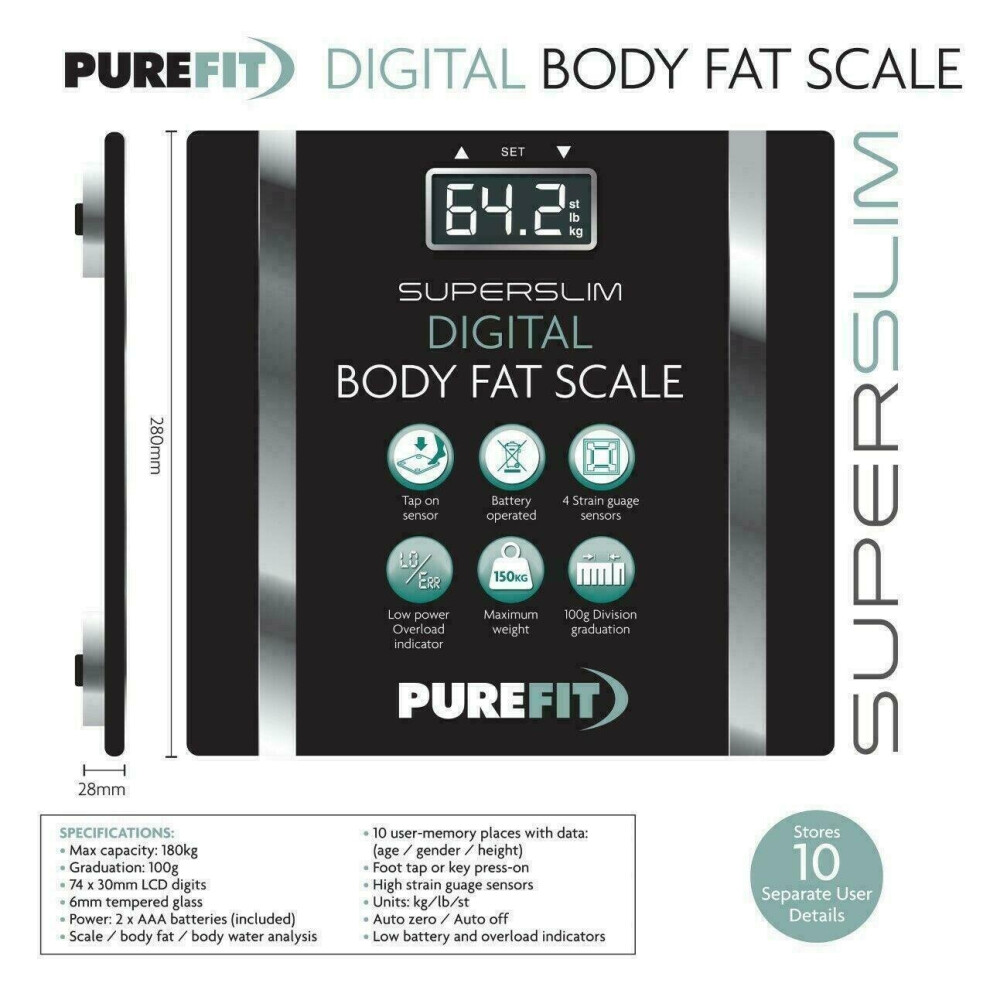 Purefit Black Digital Body Fat Bmi Analyser Scale Weighing Scale Weight Loss