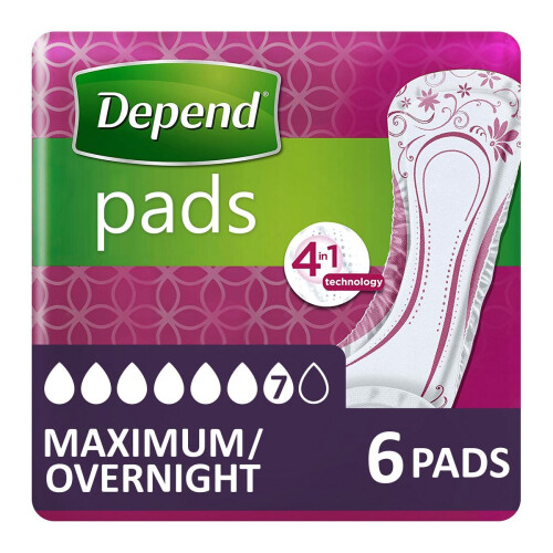 Multipack 6x Depend Pads Maximum/Overnight (952ml) 6 Pack Incontinence Protection 2