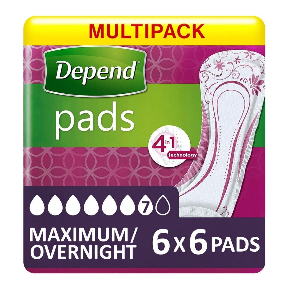 Multipack 6x Depend Pads Maximum/Overnight (952ml) 6 Pack Incontinence Protection