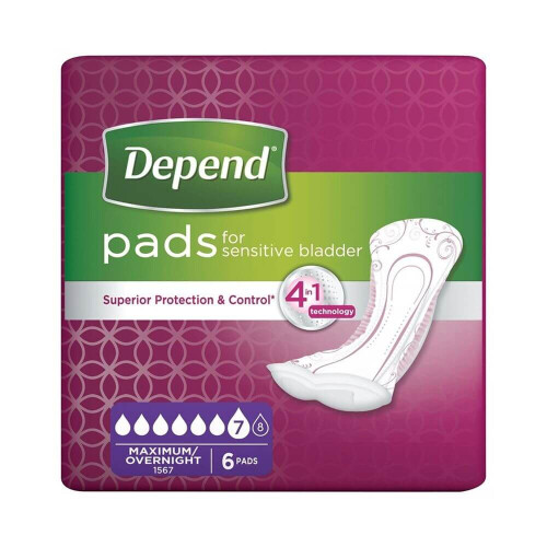 Multipack 6x Depend Pads Maximum/Overnight (952ml) 6 Pack Incontinence Protection 1