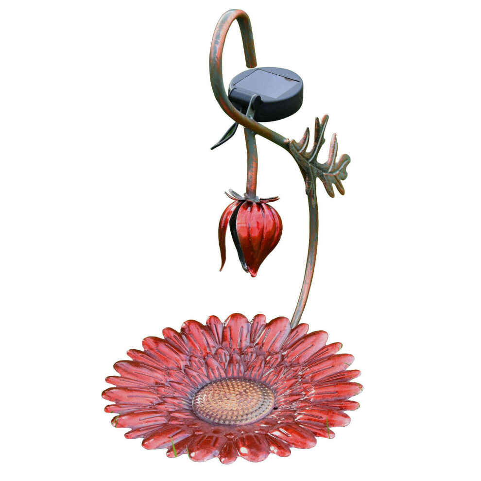 (Red Flower Light) GEEZY Solar Hanging Metal Bird Feeder LED Light Garden Ornament Vintage Decoration