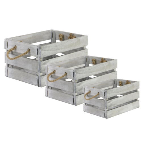 Maison & White Wooden Storage Crates - Set of 3 Vintage Display Boxes with Rope Handles (Small 32cm, Medium 36cm, Large 41cm) Foldable & Nestable